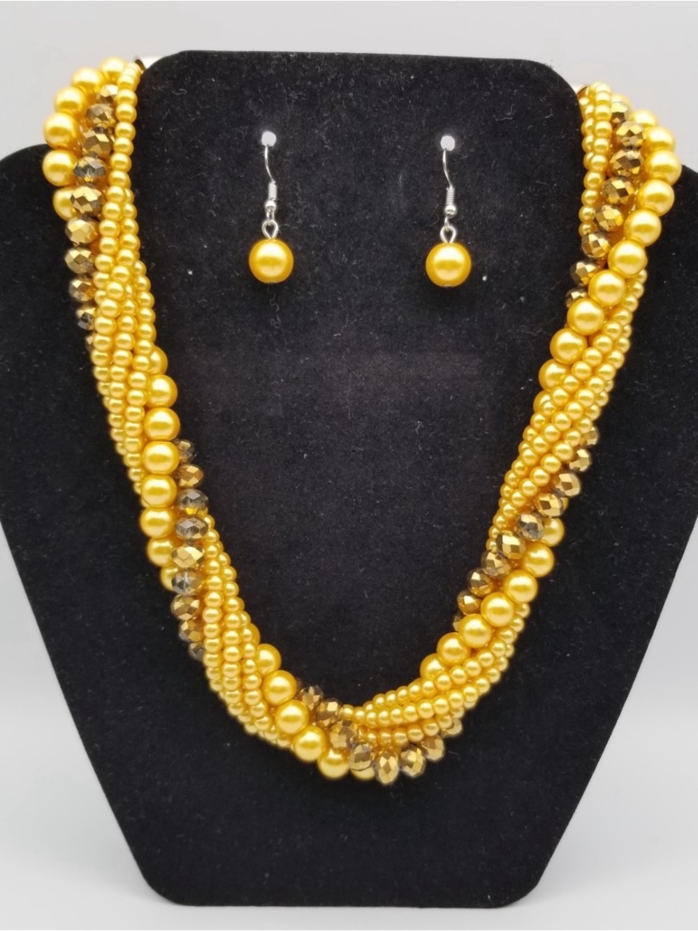 Gold Multi-Strand Beaded Necklace and Earrings Set
